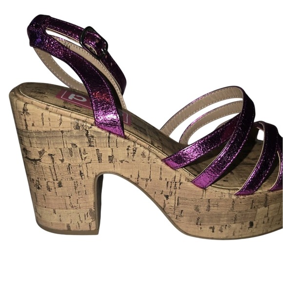 POP Platform Sandals Purple Strappy Chunky Heel Cork Square Toe Shoes - Picture 2 of 4
